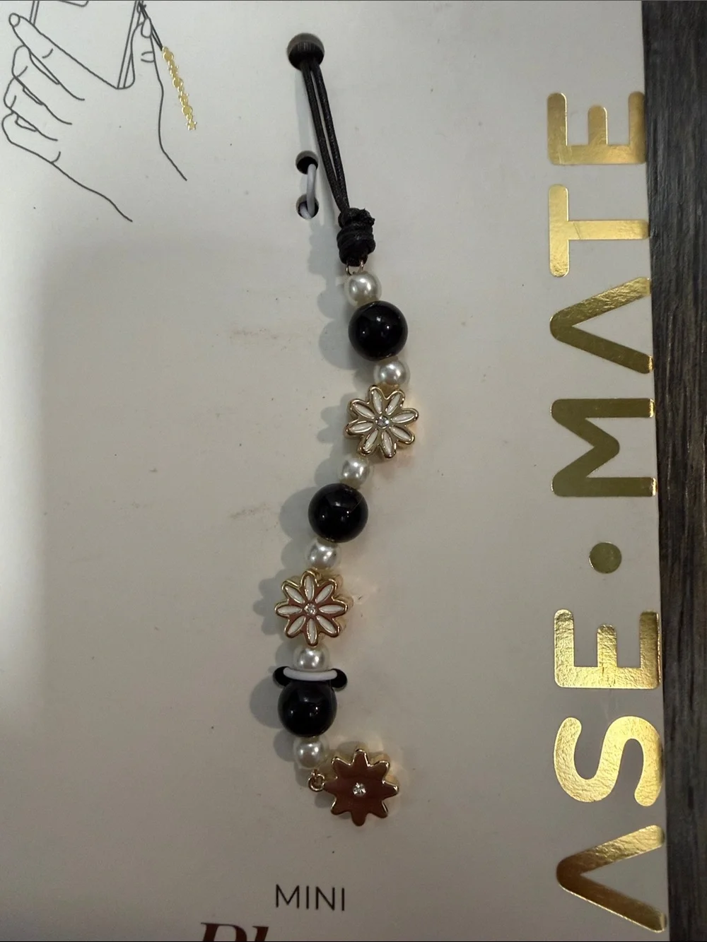 Black & Pearl Beaded Mini Phone Charm with Gold Flower Accents